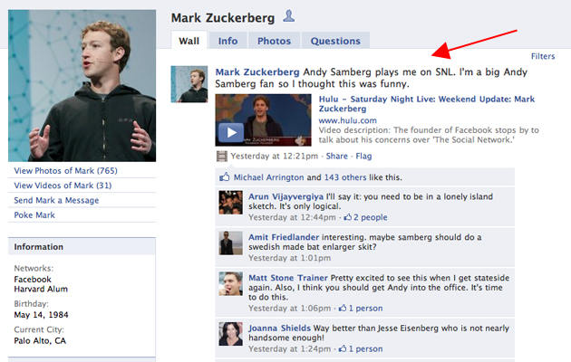  Facebook CEO Mark Zuckerberg posted a Hulu link on his Facebook profile 