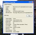 Invoking the properties item on an image displays the EXIF data